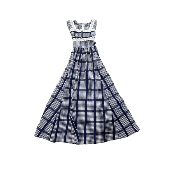 Vintage Dresses & Skirts - Vintage Gingham Prairie Blue White Maxi Dress Small Cottage Lace Boho Hippie